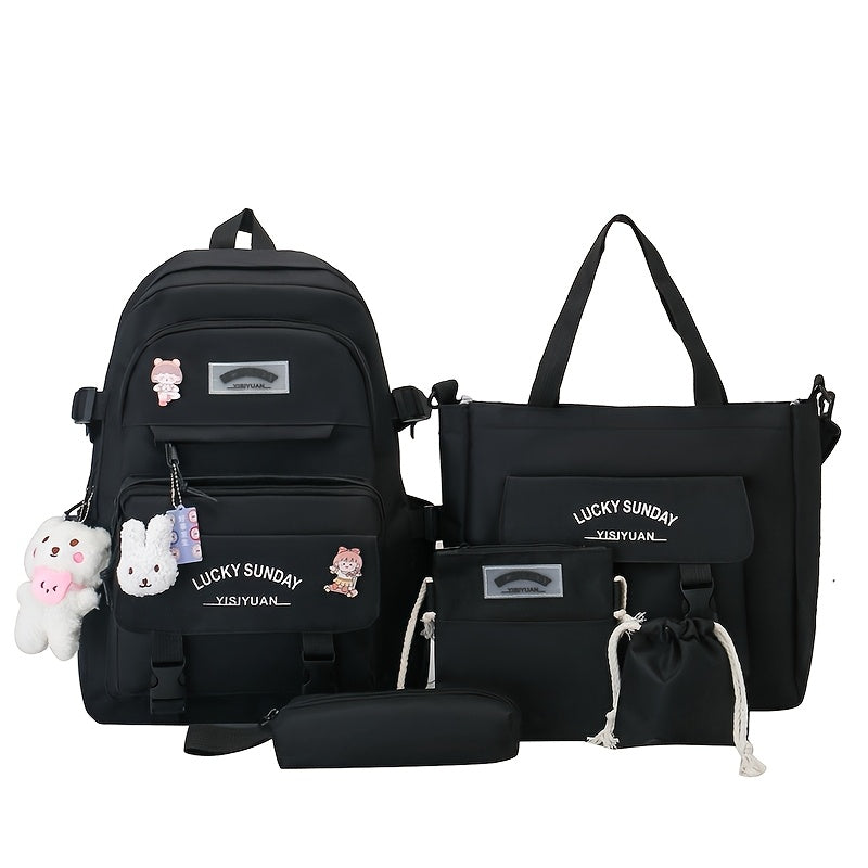 Five-Piece Large Capacity Double Shoulder Bag Women's Fashion Simple Color-Block Casual Backpack (No Pendant, Badge Ladies Travel Bag)
